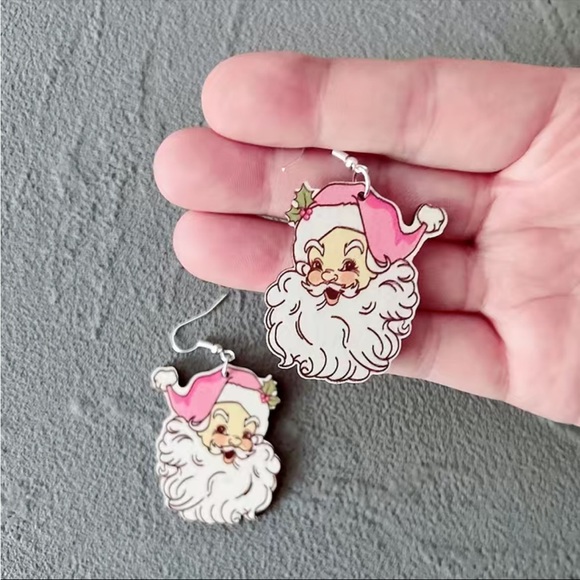 Vintage style pink-hat Santa resin drop earrings new with tags NWT Christmas - Picture 3 of 4